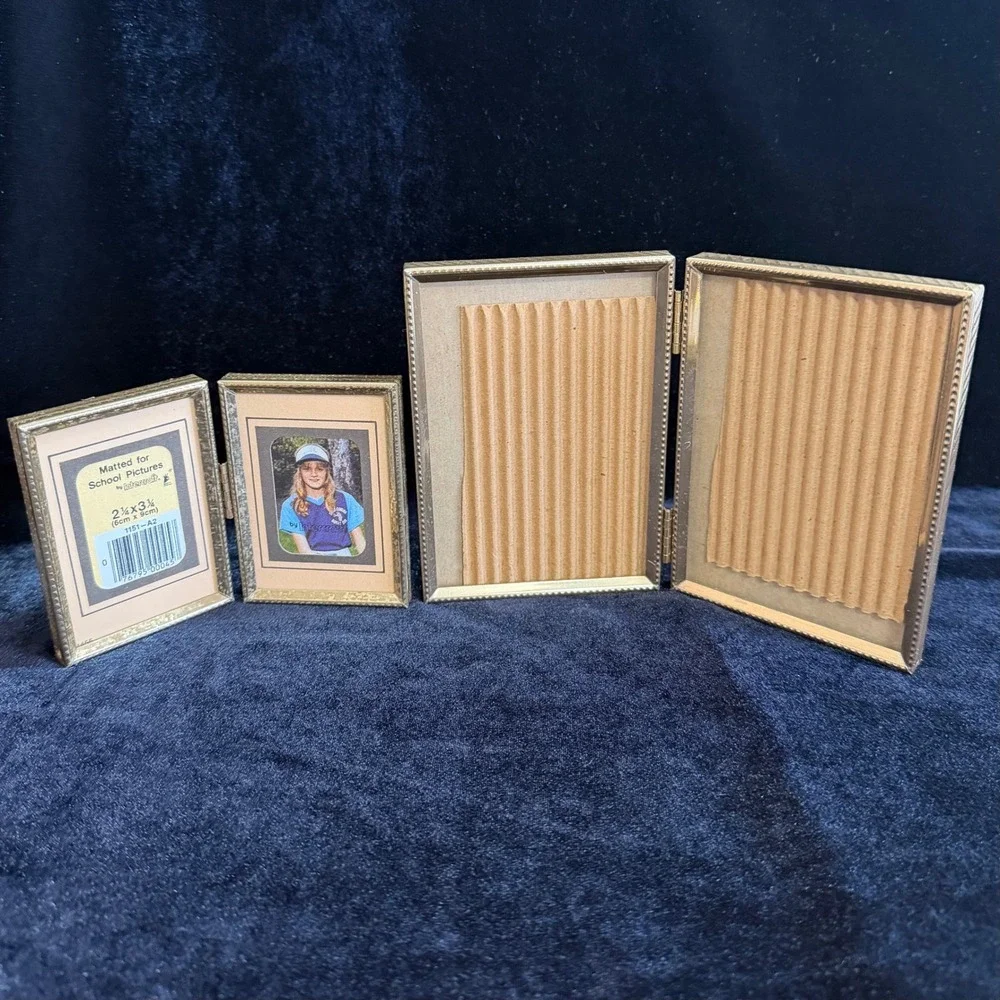 Vintage Gold Metal Picture Frame Lot Hinged Double & Single Tabletop Frames 5 pc